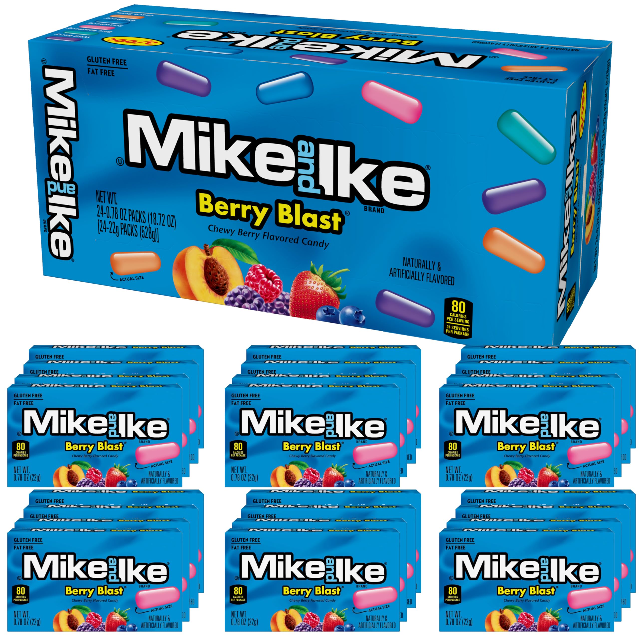 The Hampton Candy Company Mike and Ike Berry Blast box front, perfect for on-the-go berry snacking.