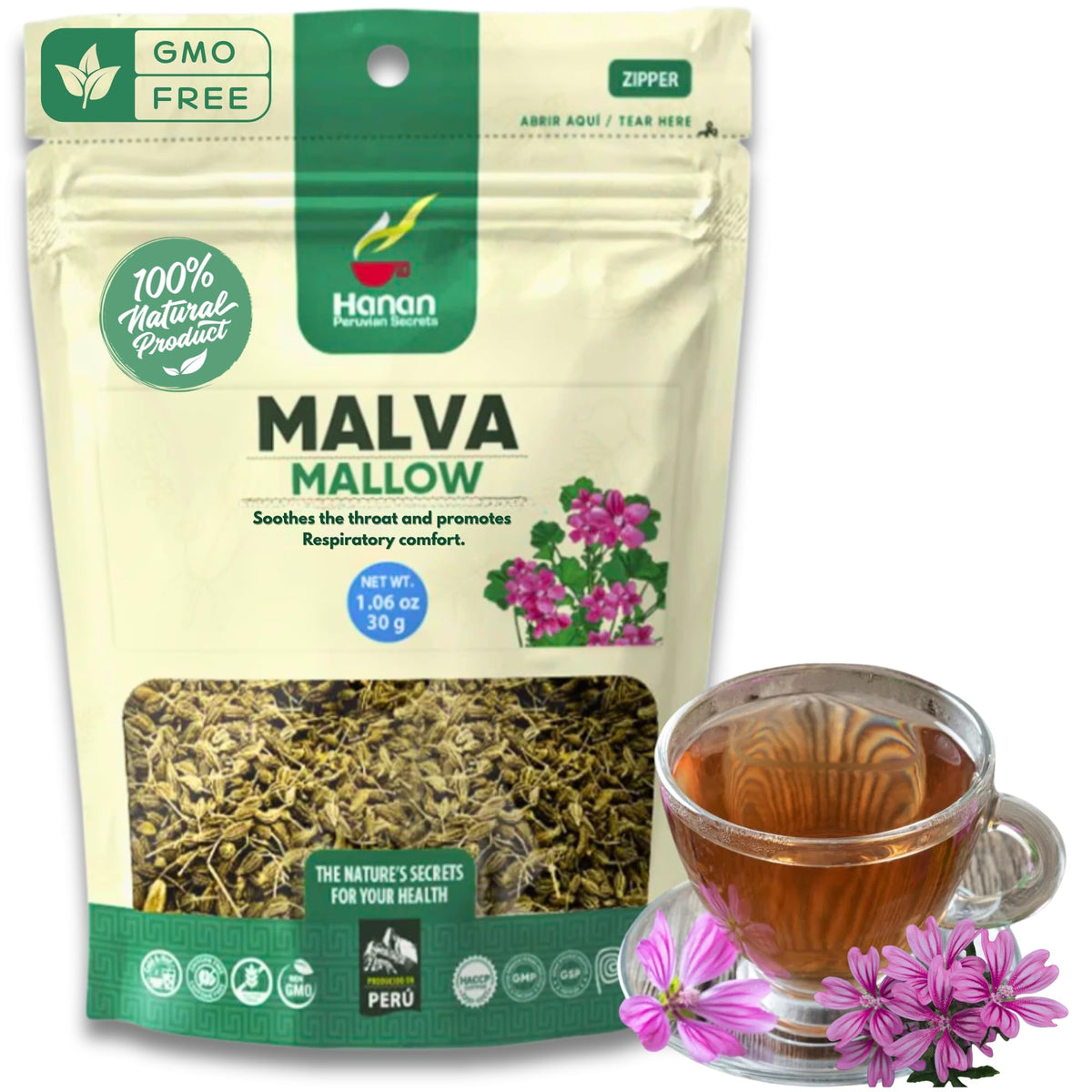 Hanan Mallow Tea loose leaves from Peru offer a soothing ritual aroma.
