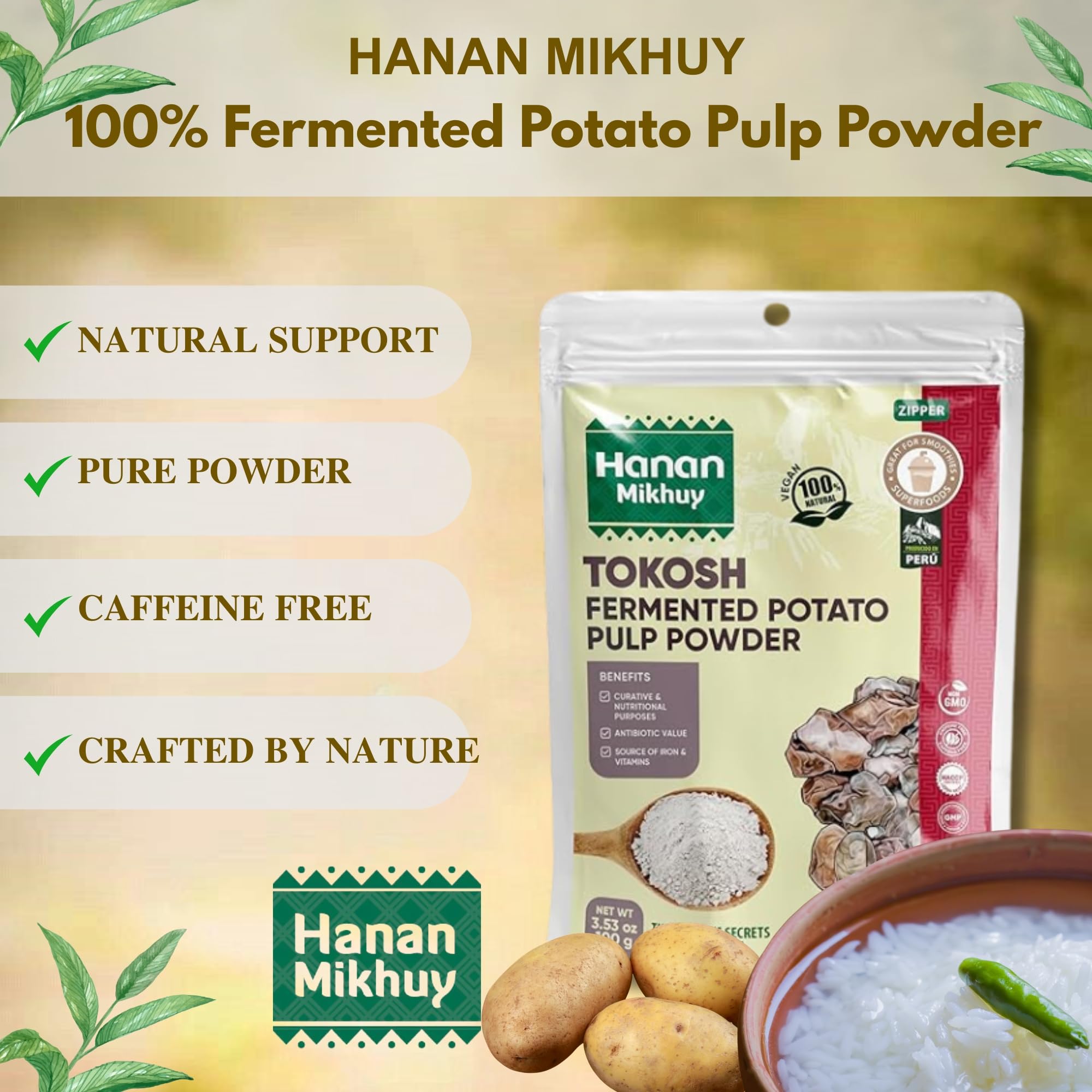 HANAN MIKHU Tokosh fermented powder close-up shows nutrient-rich Andes origins.