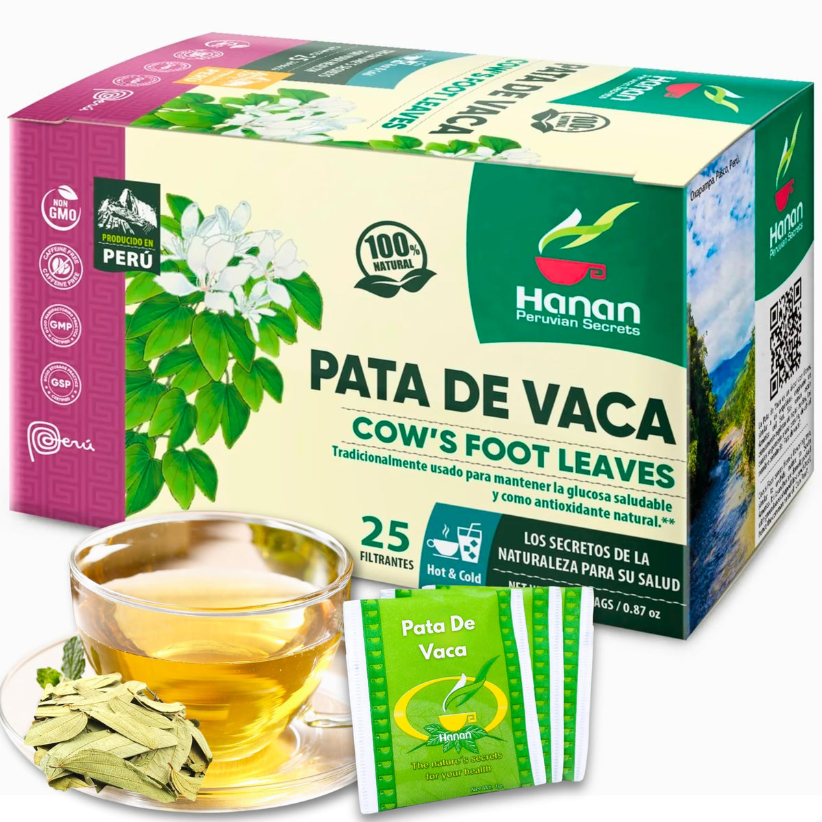Hanan Pata de Vaca tea bags in packaging, ideal for daily herbal routines.