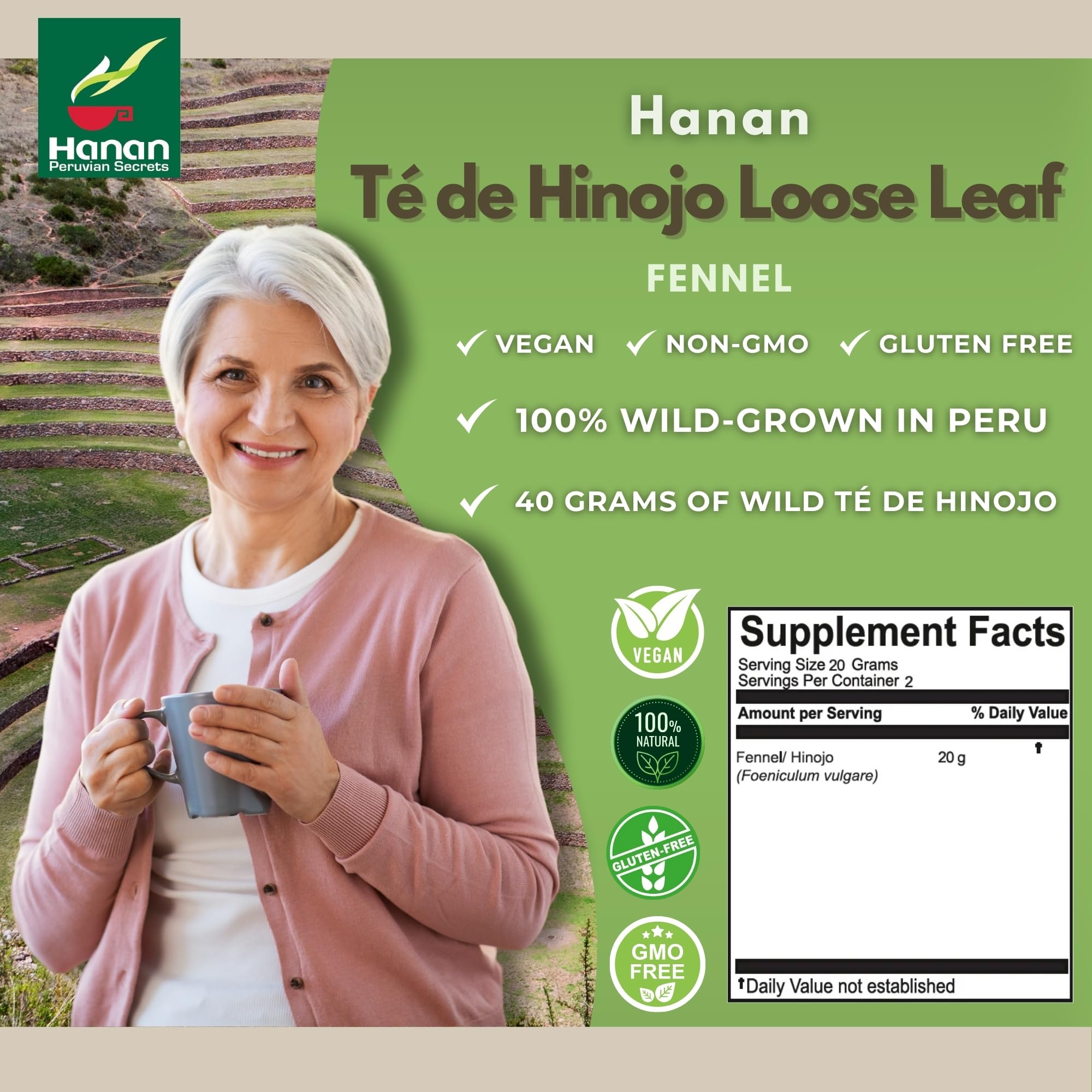 Hanan Peruvian Secrets Hinojo tea cup steaming for a calming moment.