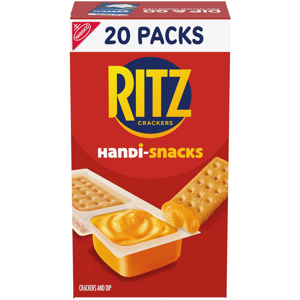 Handi-Snacks RITZ Crackers and Cheese Dip box front, ideal for on-the-go snacking.
