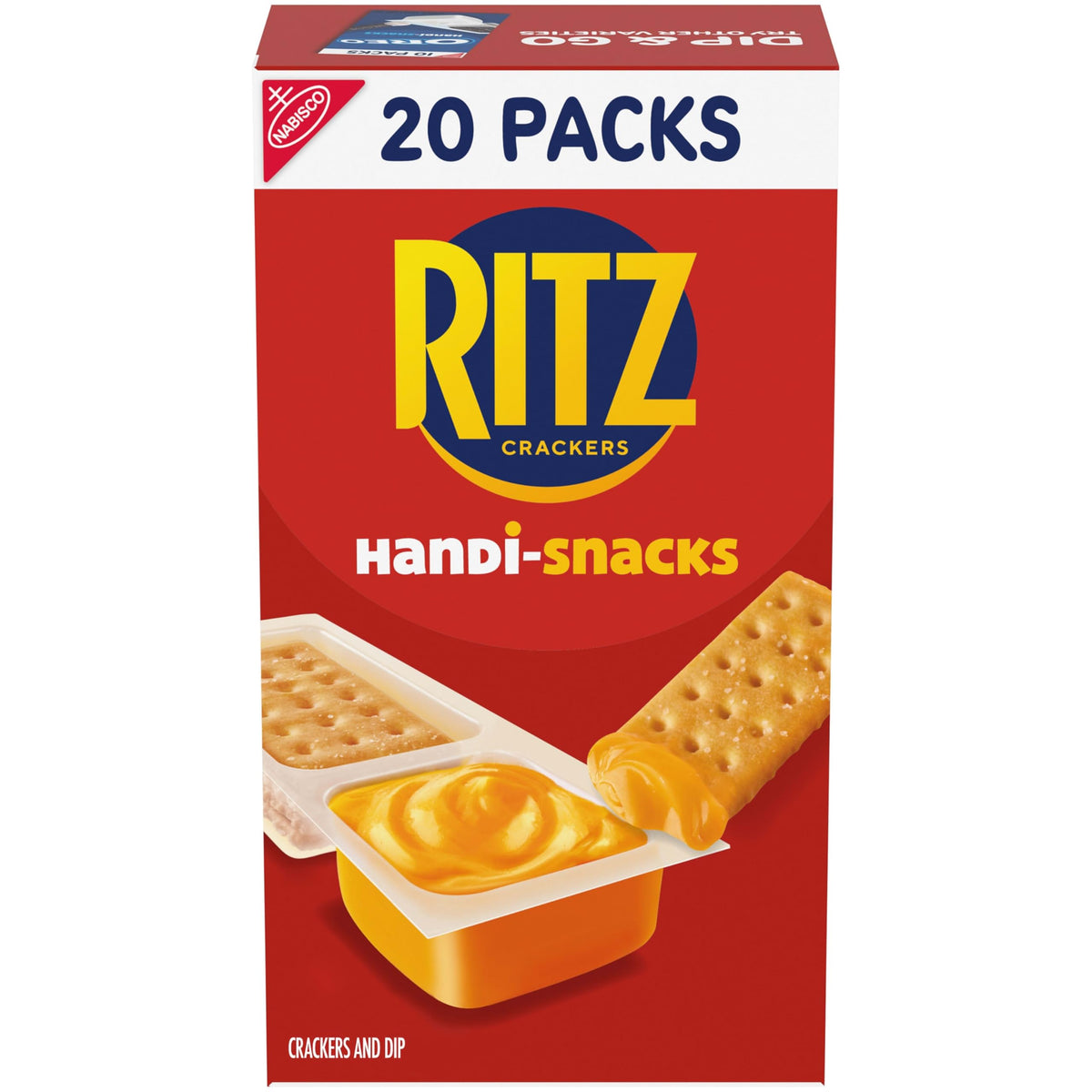 Handi-Snacks RITZ Crackers and Cheese Dip box front, ideal for on-the-go snacking.
