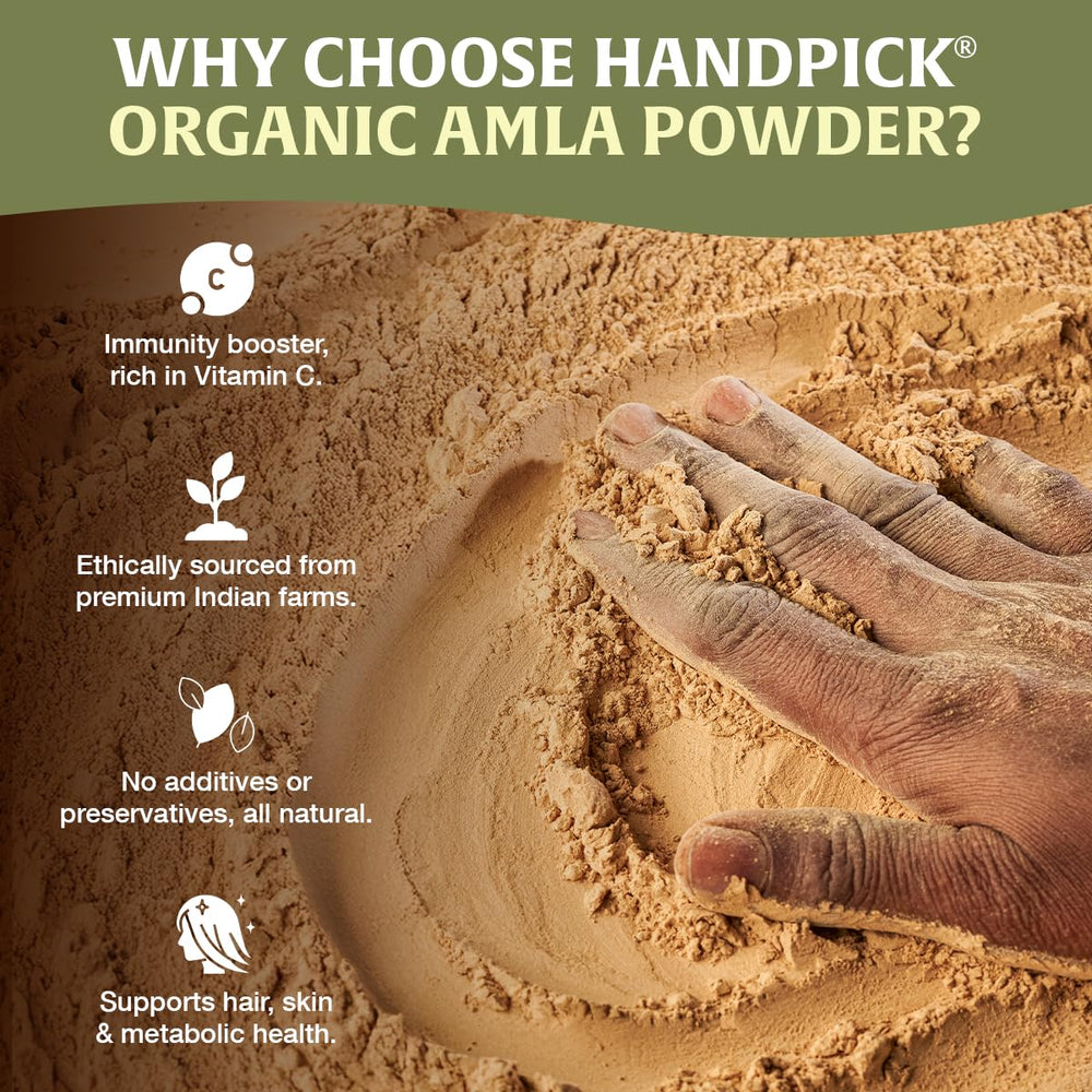 HANDPICK Amla Powder front jar showing USDA Organic certification