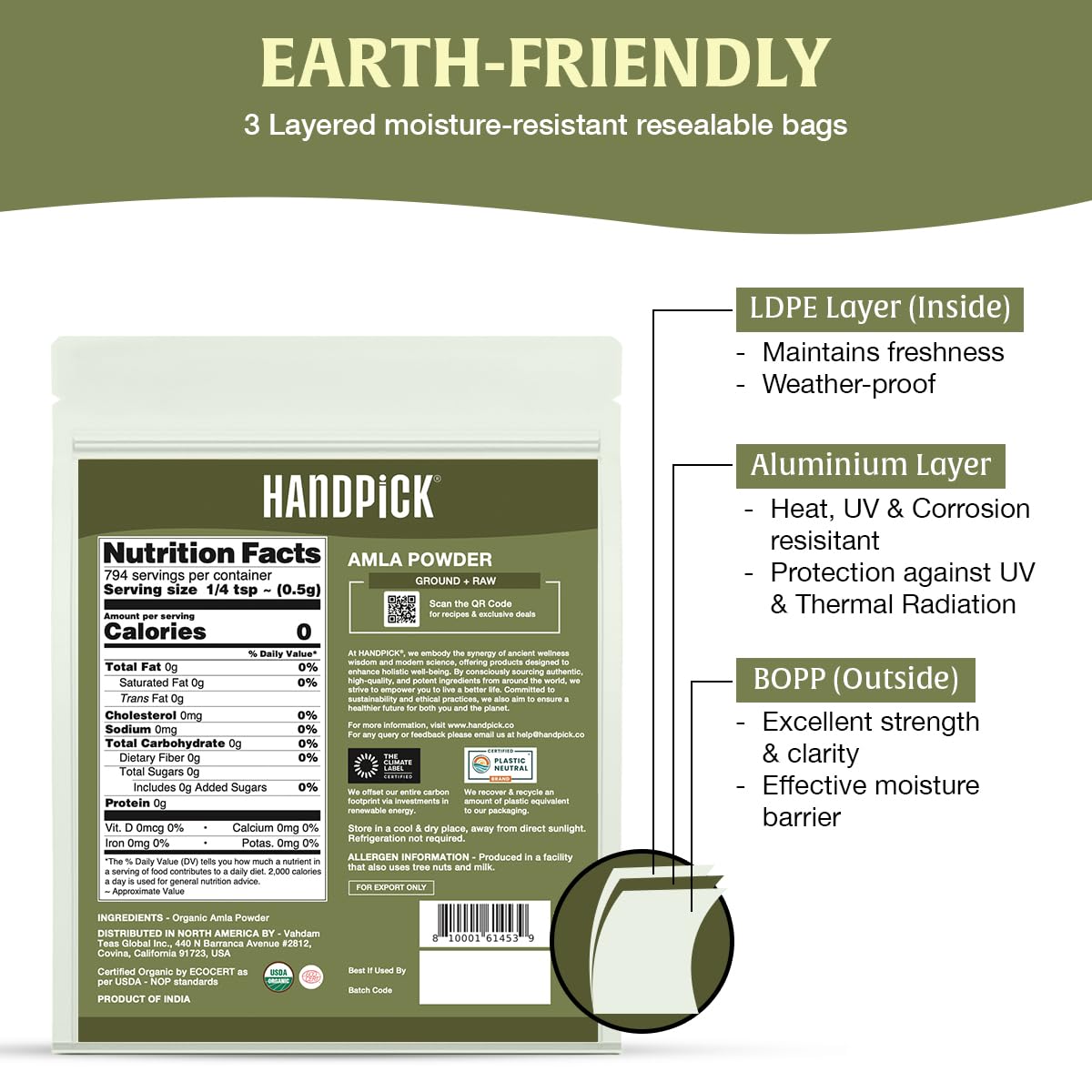 HANDPICK Amla Powder lab-purity seal indicating tested quality