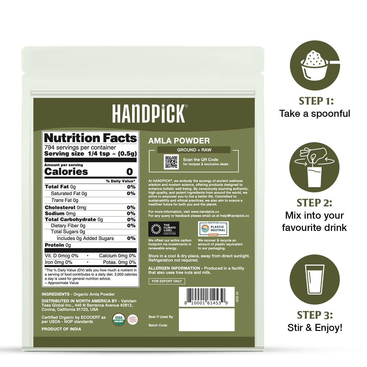 HANDPICK Amla Powder origin Maharashtra label underlines authentic sourcing