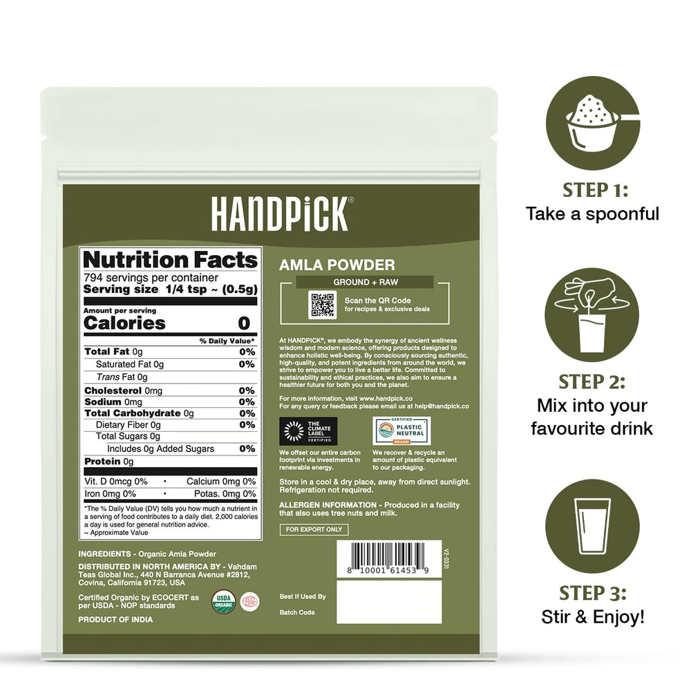 HANDPICK Amla Powder origin Maharashtra label underlines authentic sourcing