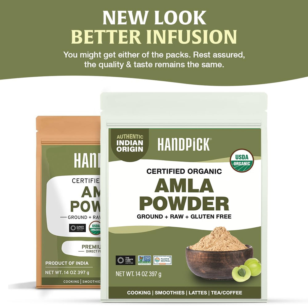 HANDPICK Amla Powder spoon-dispensing setup for quick use
