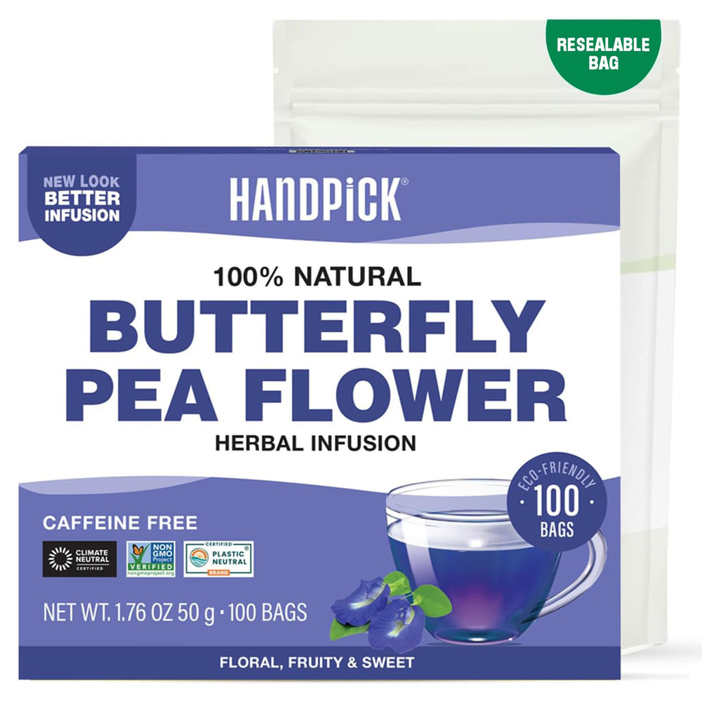 HANDPICK Butterfly Pea Tea bags in eco-friendly packaging for pure, dye-free brew