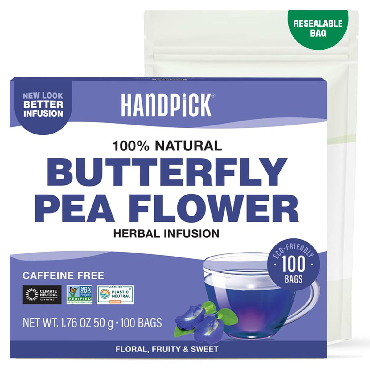 HANDPICK Butterfly Pea Tea bags in eco-friendly packaging for pure, dye-free brew