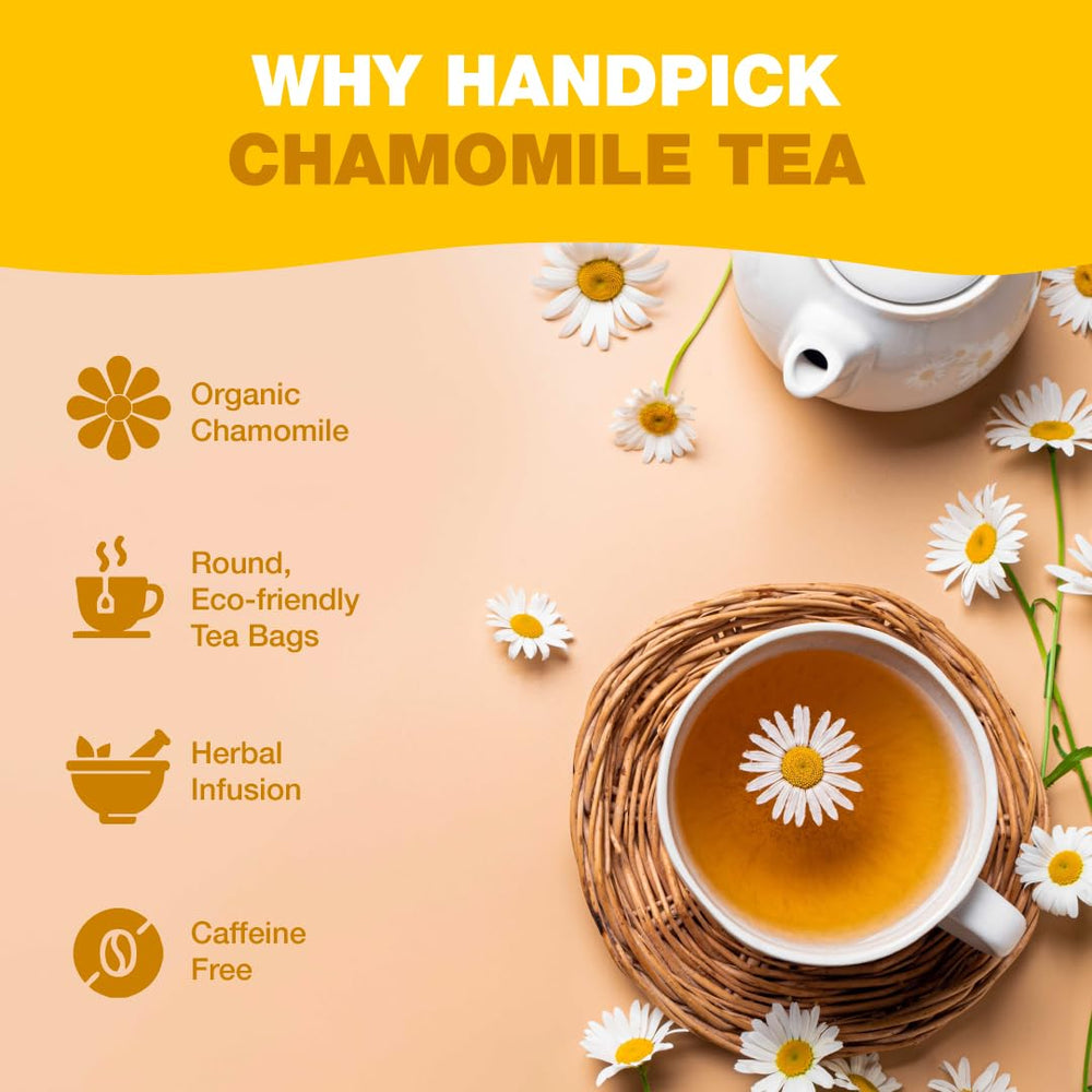 HANDPICK Chamomile tea bags closeup highlighting no strings and pure materials.