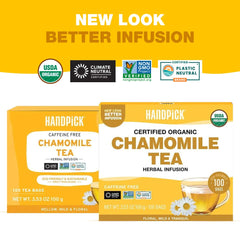 HANDPICK Chamomile tea in cup illustrating floral aroma and caffeine-free relaxation.