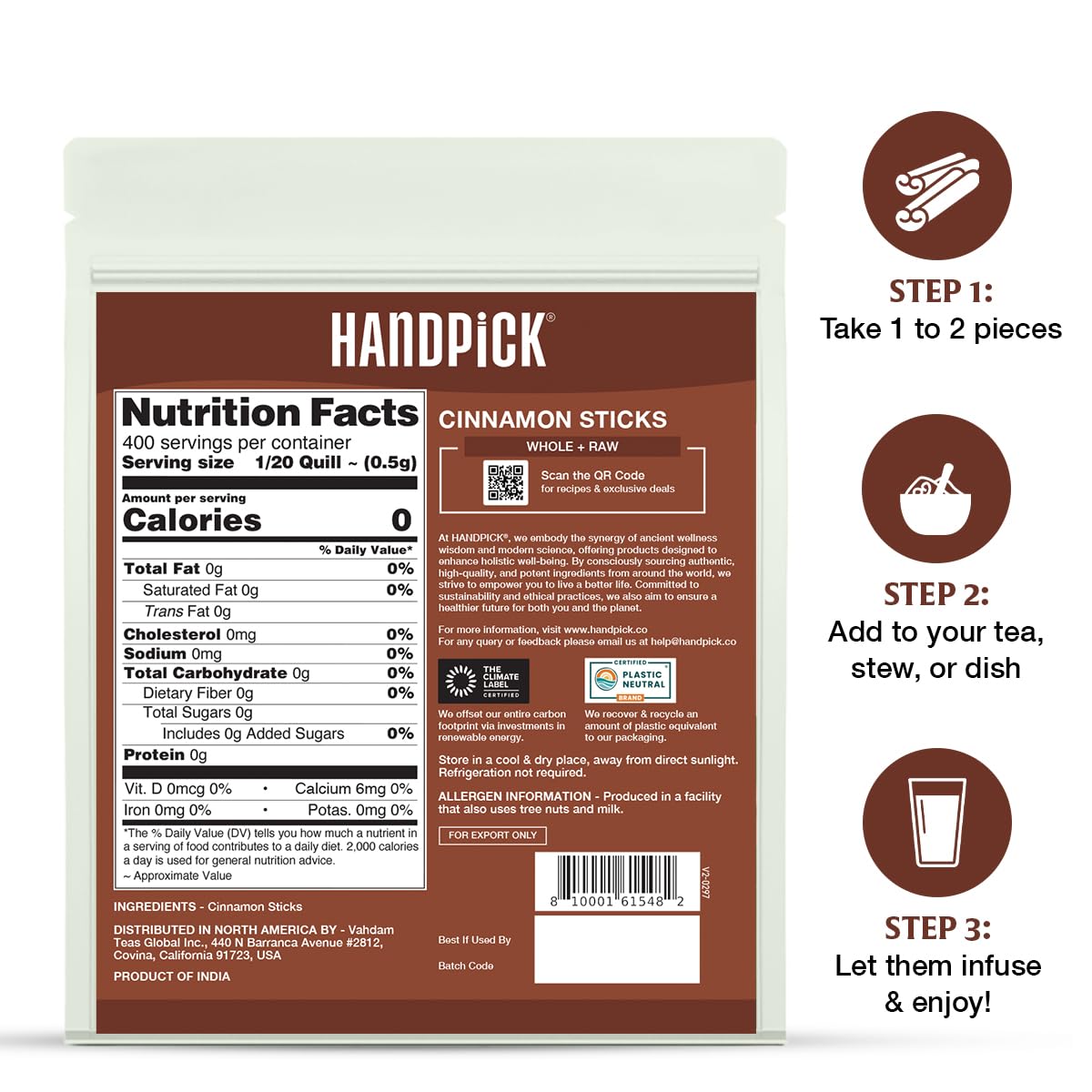 HANDPICK Cinnamon sticks are raw, non-GMO and gluten-free.