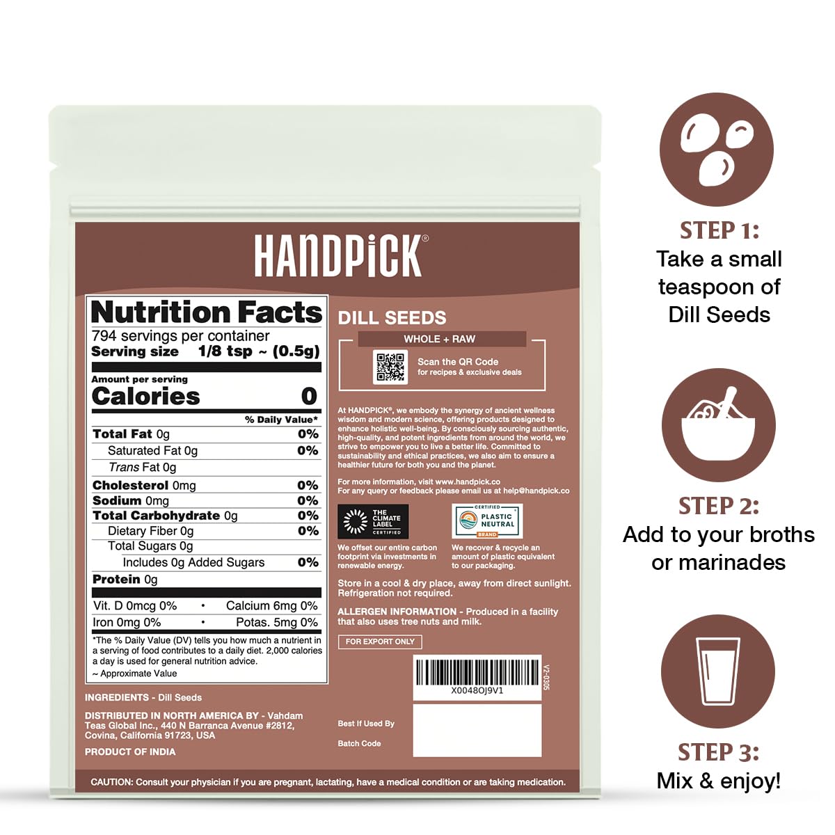HANDPICK Dill Seeds resealable pouch keeps freshness and aroma.