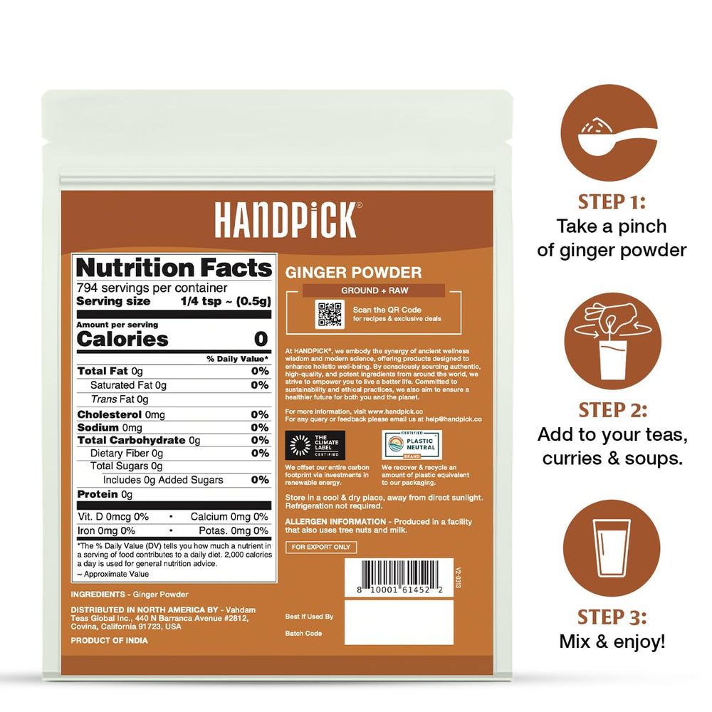 HANDPICK Ginger Powder label notes non-GMO and gluten-free attributes