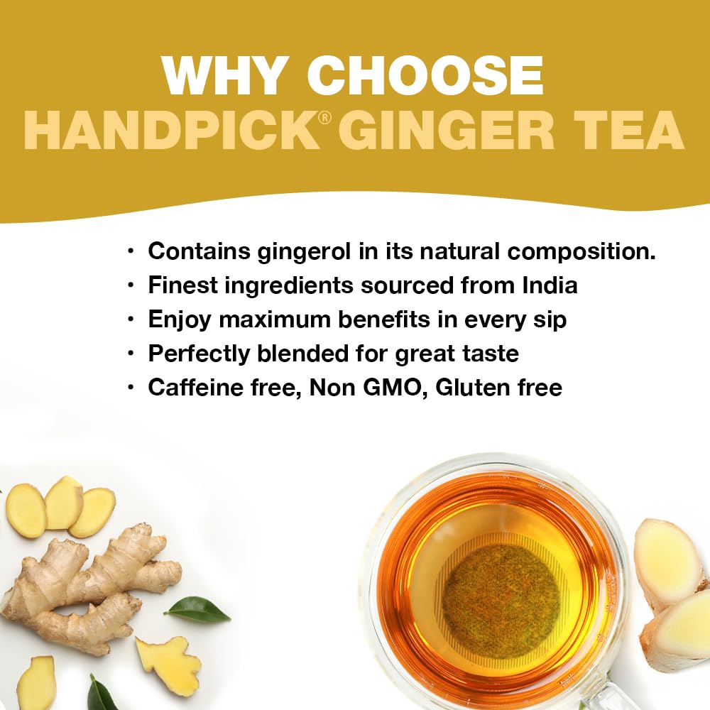 HANDPICK Organic Ginger Tea Bags aroma and steam reveal soothing, spicy notes.