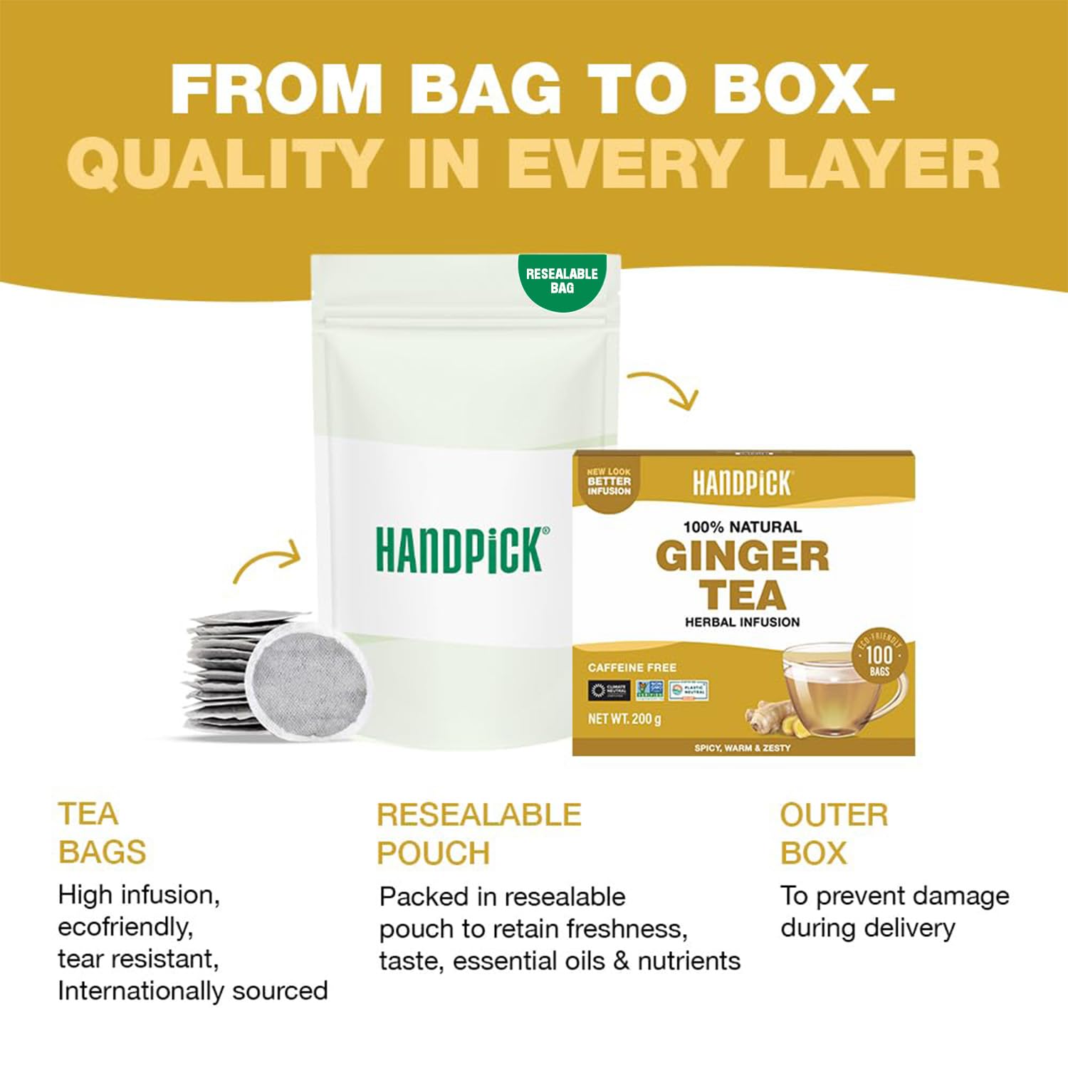 HANDPICK Ginger Tea Bags carbon-neutral commitment supports sustainable tea.