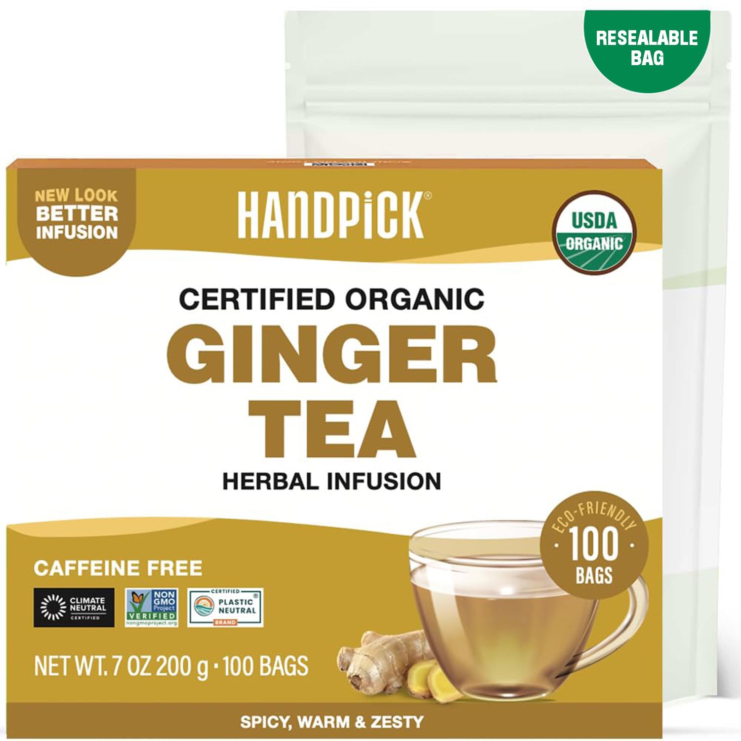 HANDPICK Organic Ginger Tea Bags front pack showcases 100 round bags for pure flavor.