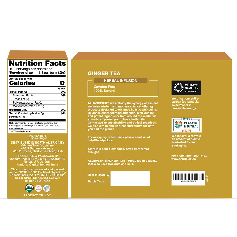 HANDPICK Organic Ginger Tea Bags round teabags closeup highlights natural ginger aroma and spice.