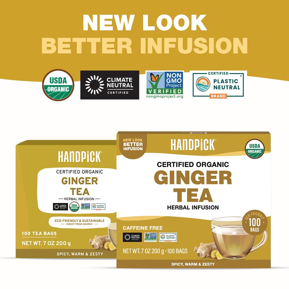 HANDPICK Organic Ginger Tea Bags hot cup ready for comforting caffeine-free warmth.