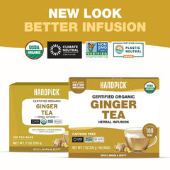 HANDPICK Organic Ginger Tea Bags hot cup ready for comforting caffeine-free warmth.