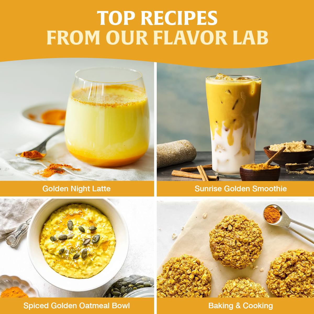 HANDPICK Golden Milk Powder glass jar closeup showcases premium texture.