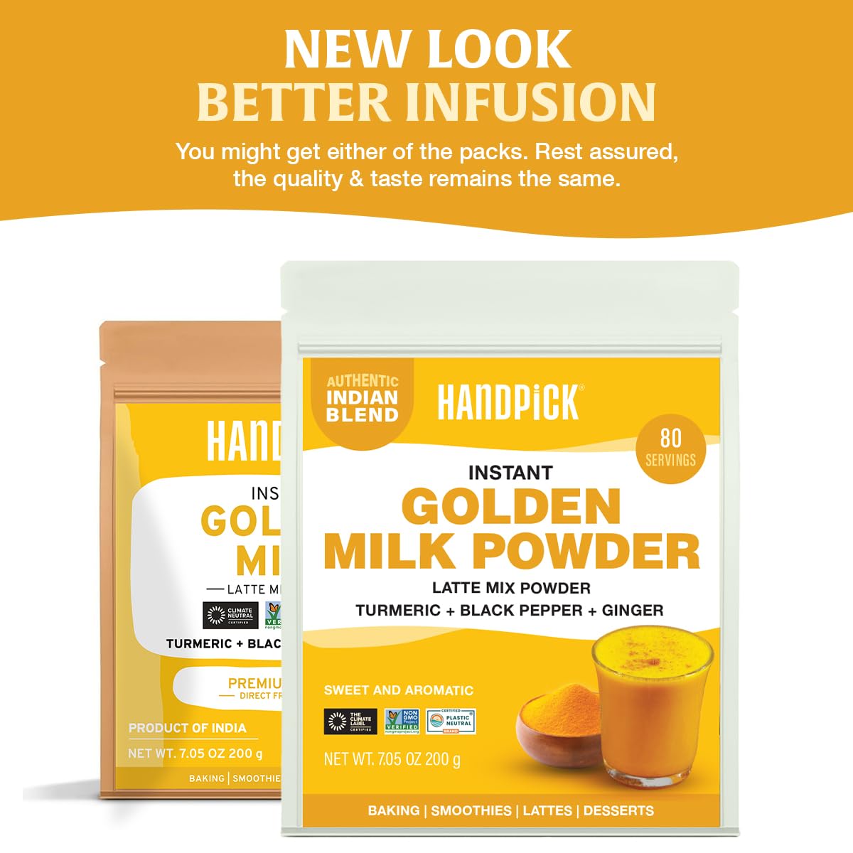 HANDPICK Golden Milk Powder jar shows the pure spice blend.