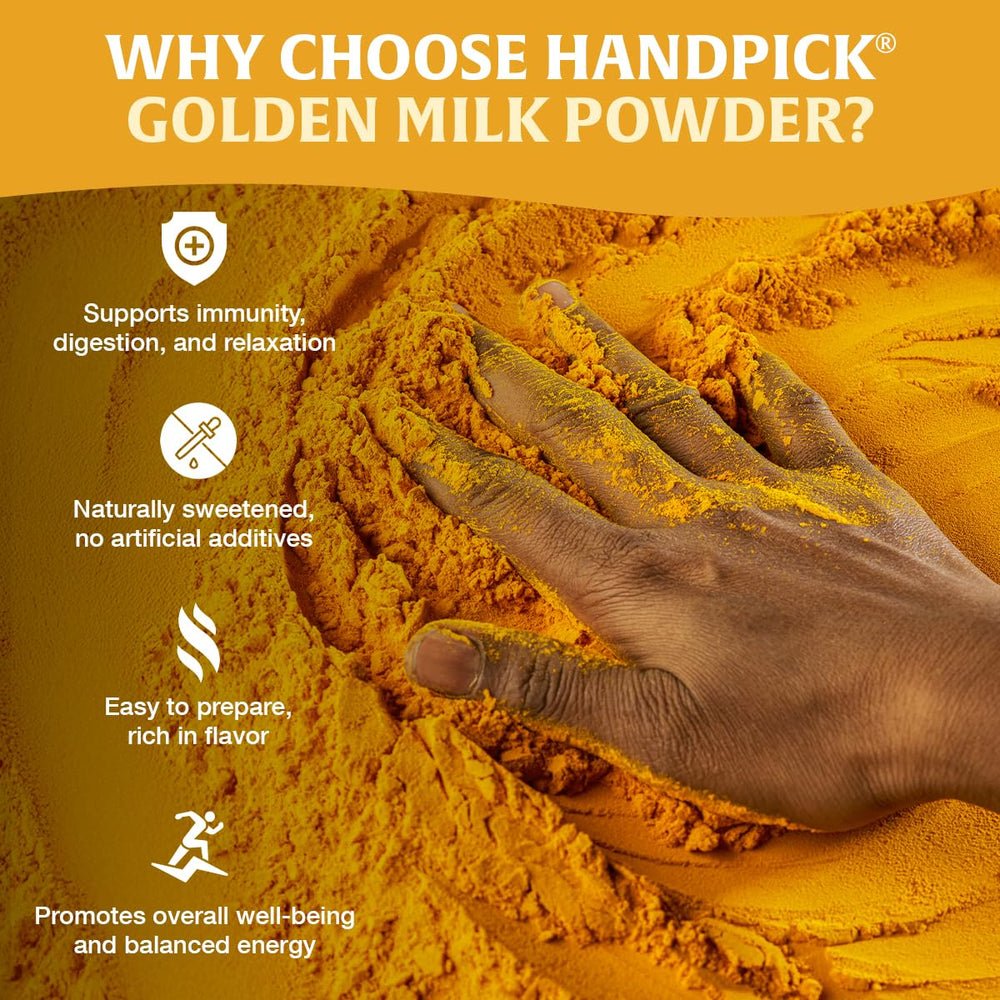 HANDPICK Golden Milk Powder packaging closeup highlights a clean label.