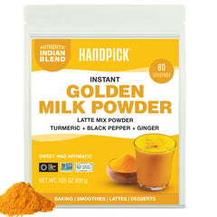 HANDPICK Golden Milk Powder turmeric bottle for cozy latte moments.