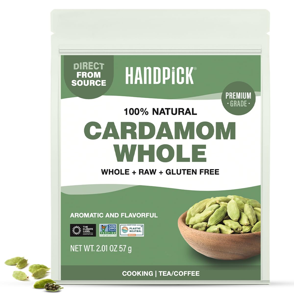 HANDPICK Green Cardamom Pods close-up in resealable pouch for lasting aroma.