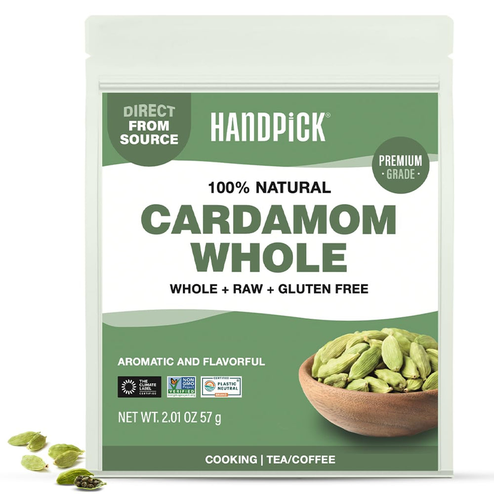 HANDPICK Green Cardamom Pods close-up in resealable pouch for lasting aroma.