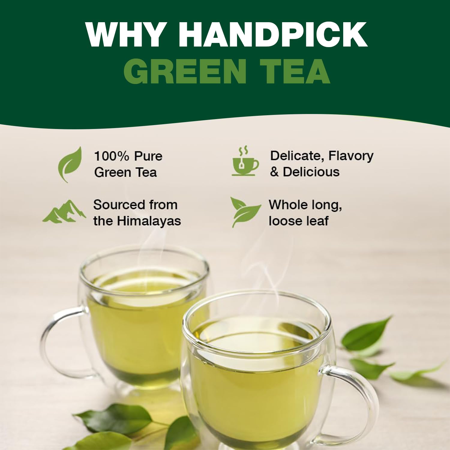 HANDPICK Organic Green Tea Bags deliver a delicate aroma and flavor.