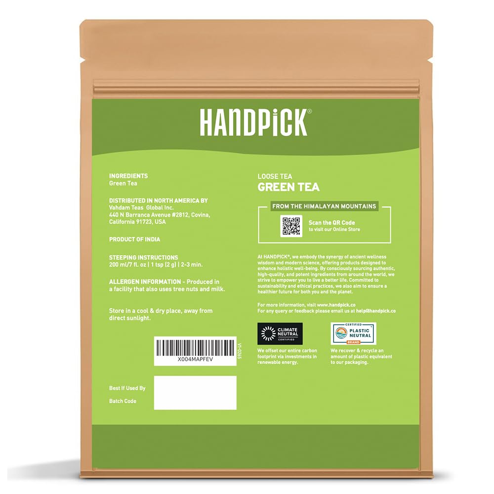 HANDPICK green tea carbon-neutral packaging supports eco-friendly choices.