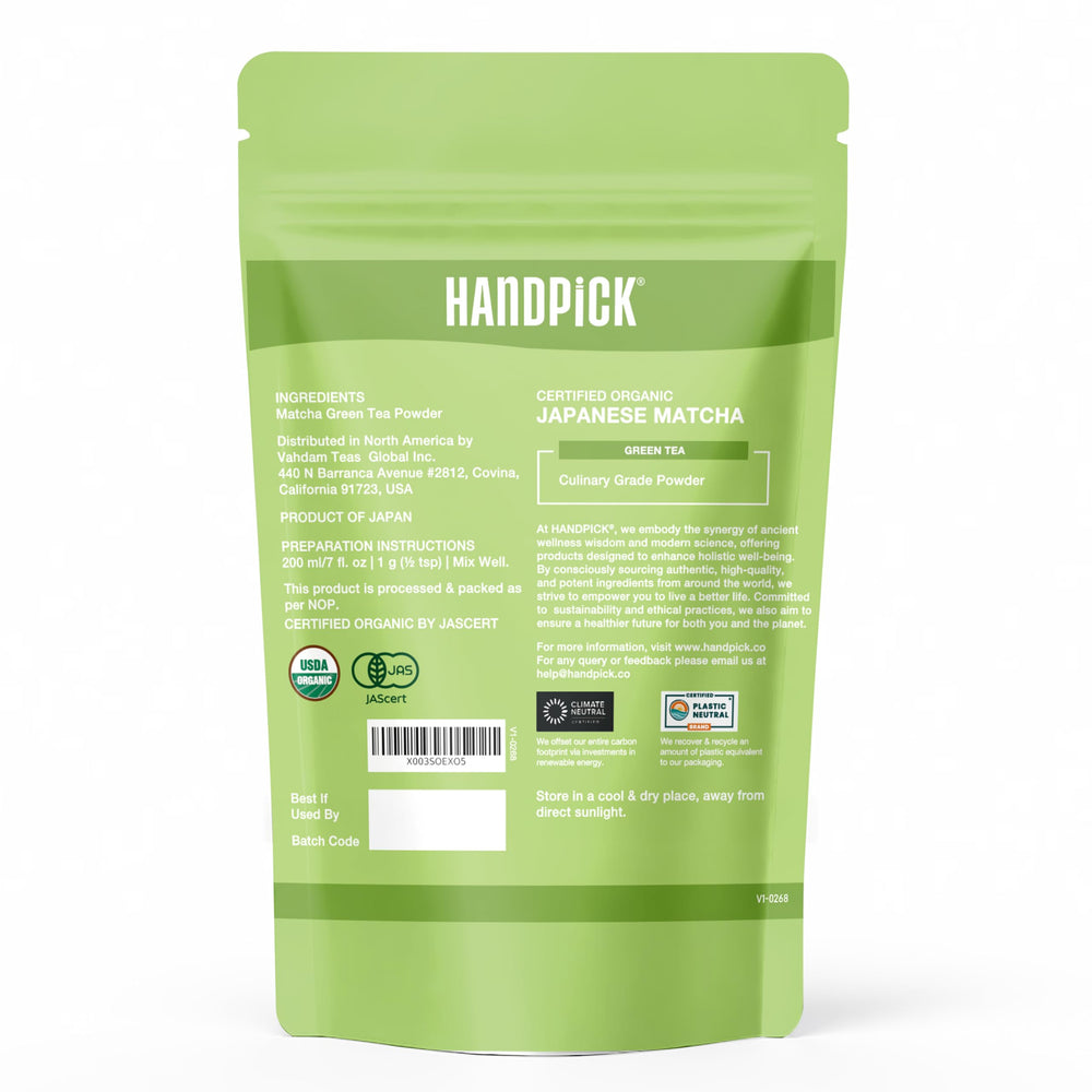HANDPICK Fine ground Matcha dust shot suitable for smooth preparations.