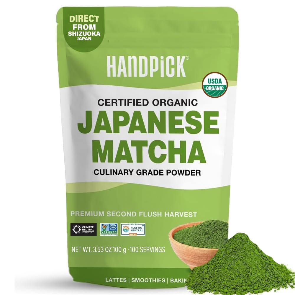 HANDPICK Matcha powder in resealable pouch for lasting freshness.