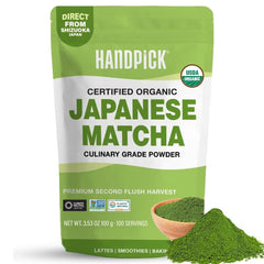 HANDPICK Matcha powder in resealable pouch for lasting freshness.
