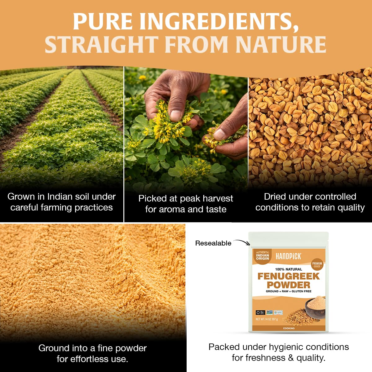 Measuring spoon over HANDPICK fenugreek powder for easy use