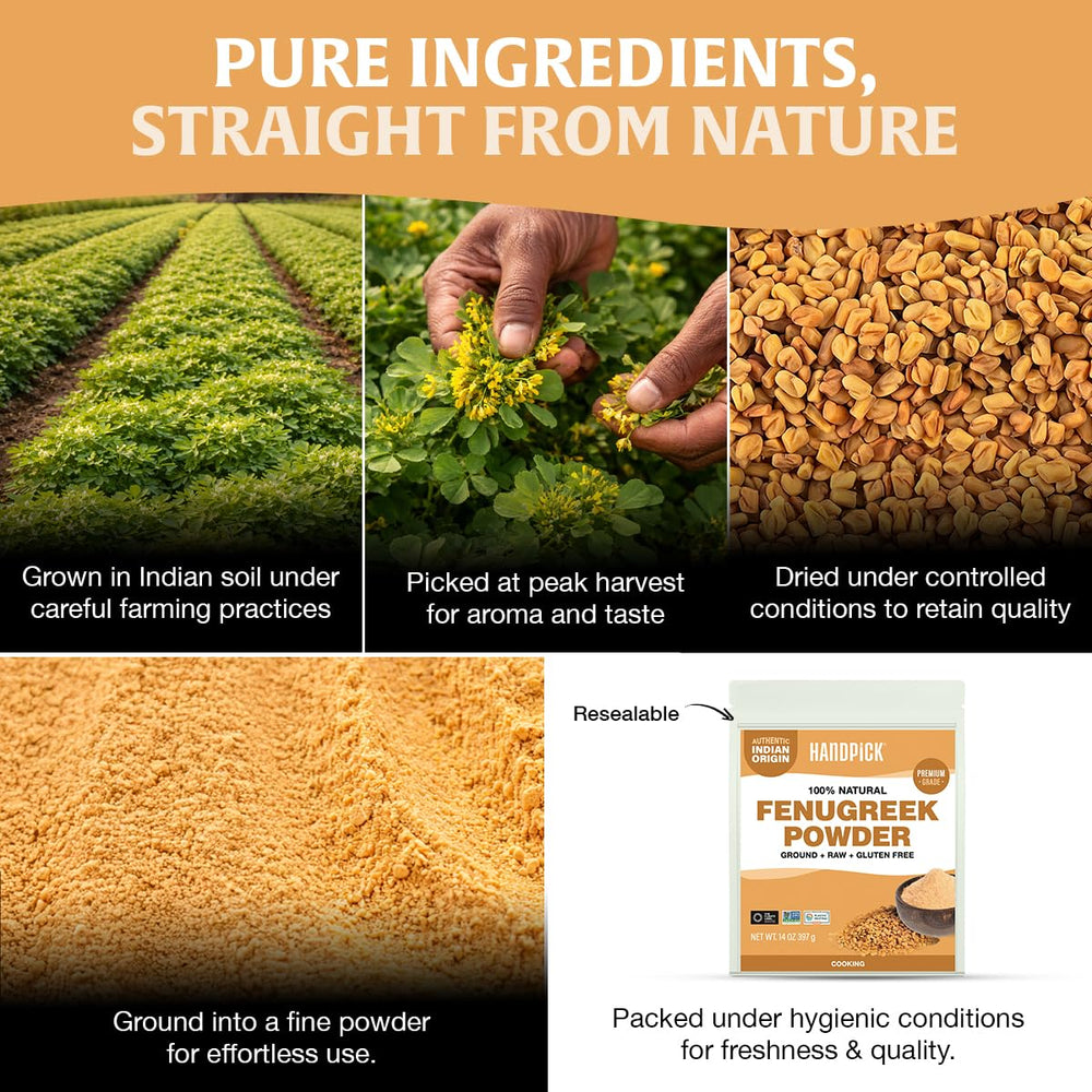 Measuring spoon over HANDPICK fenugreek powder for easy use