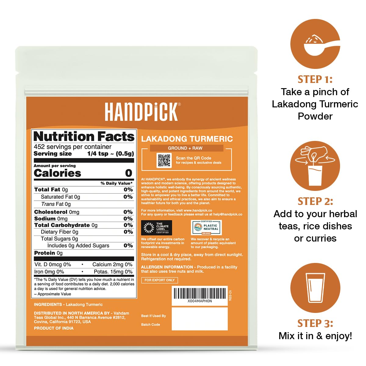 HANDPICK Lakadong turmeric powder closeup with vibrant golden hue.