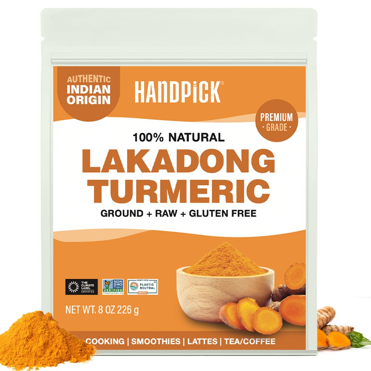 HANDPICK Lakadong turmeric powder in a resealable pouch enhances everyday cooking with high curcumin.