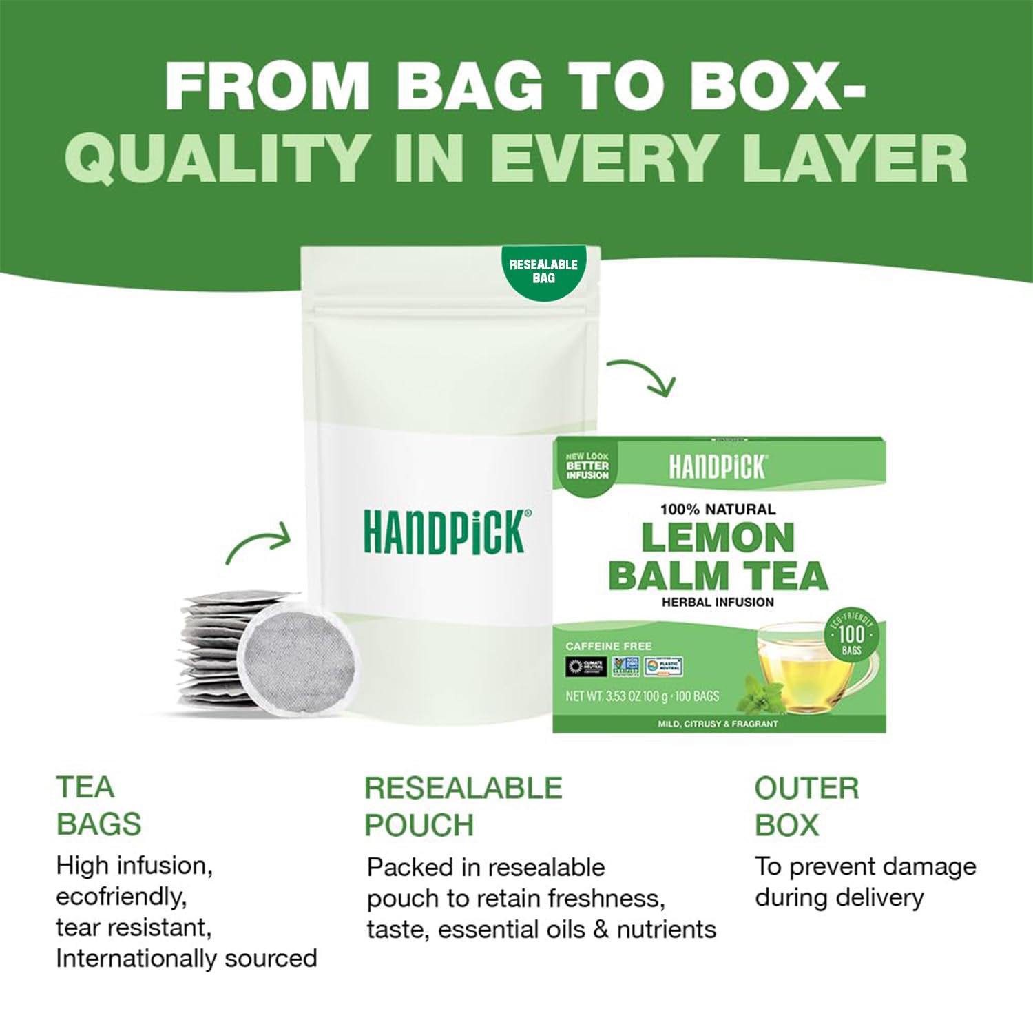 HANDPICK Tea bag sachet ready for a soothing steep.