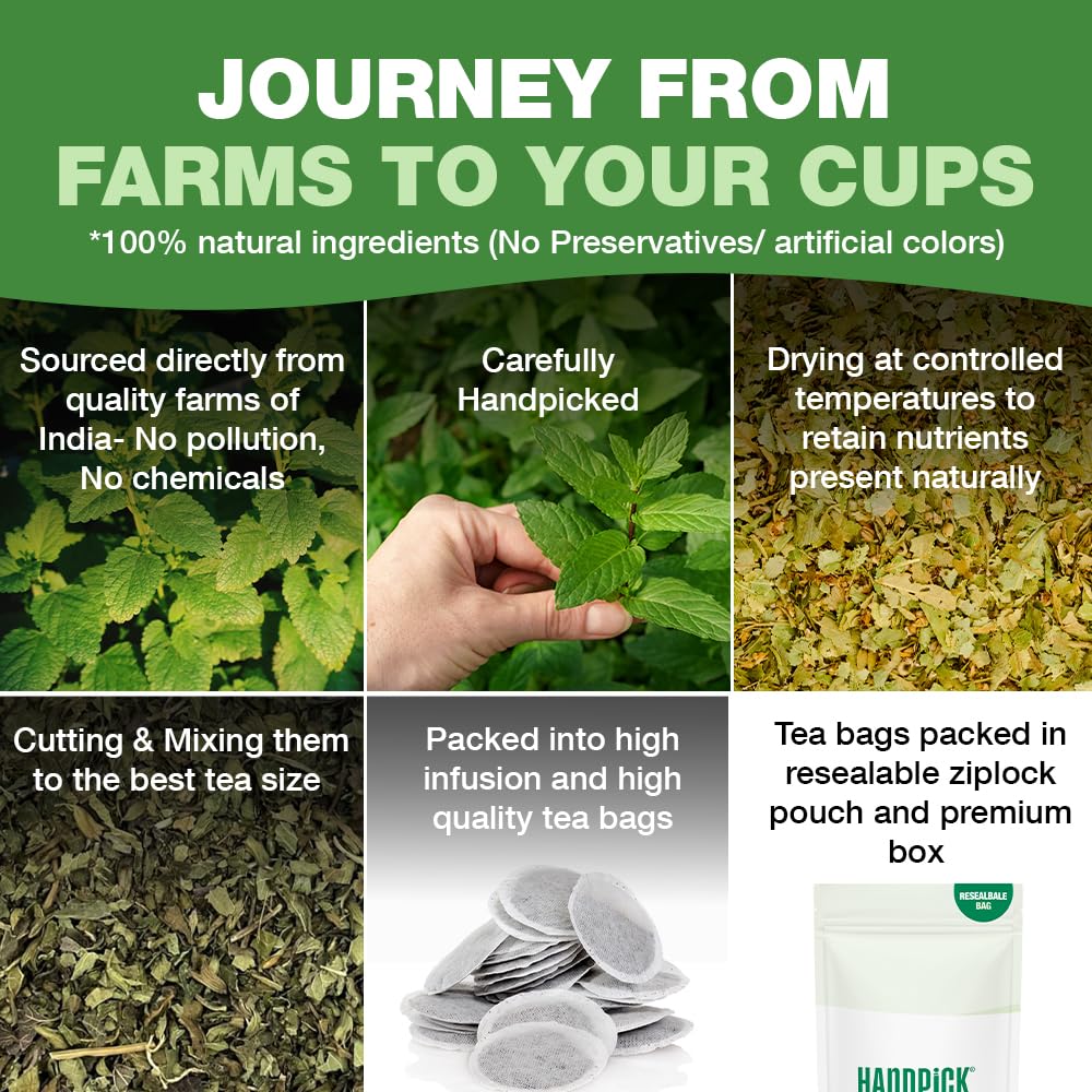 HANDPICK Lemon Balm Tea Bags inside a decorative jar, reusable storage option.