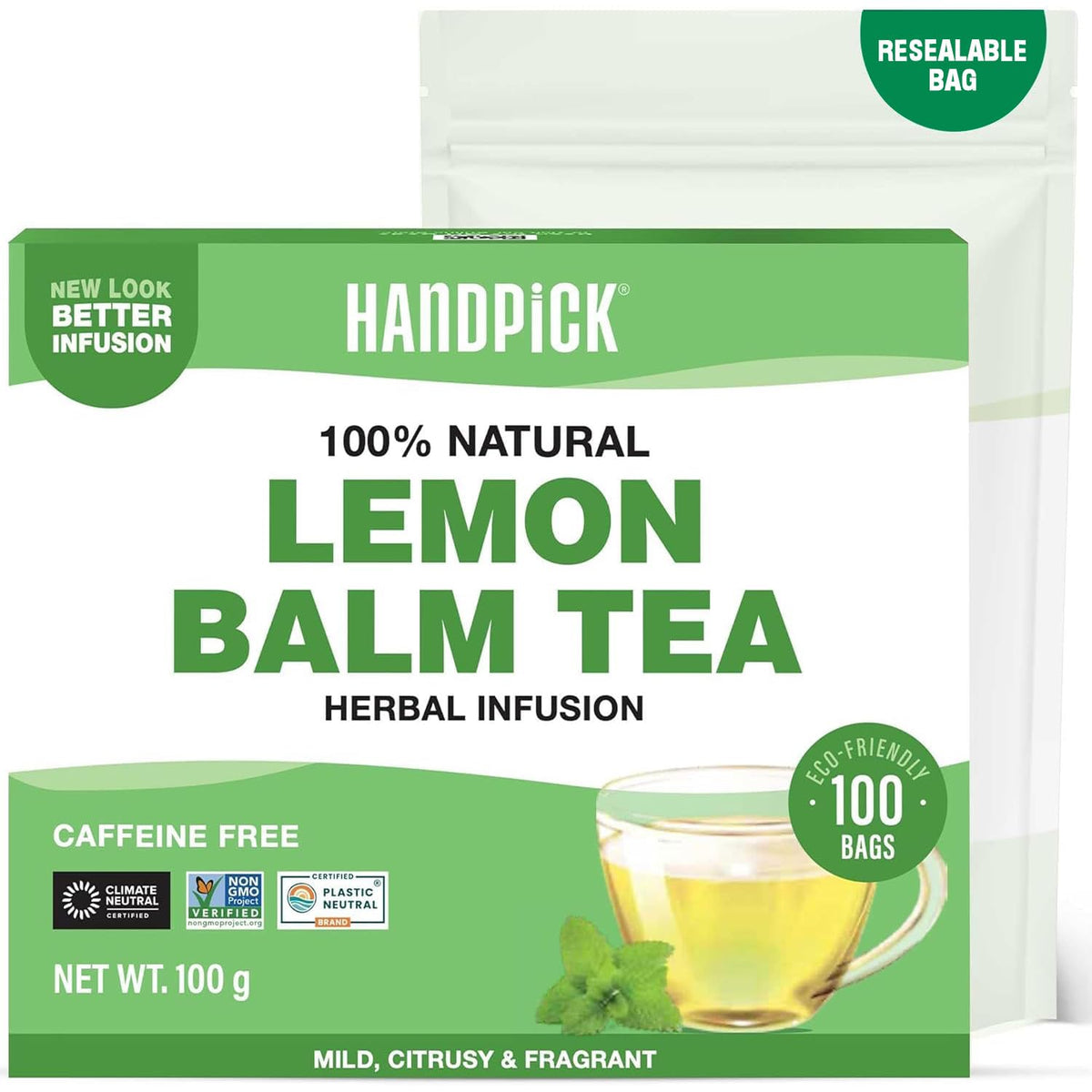 HANDPICK Lemon Balm Tea Bags display box, pure herbal quality and convenient packaging.