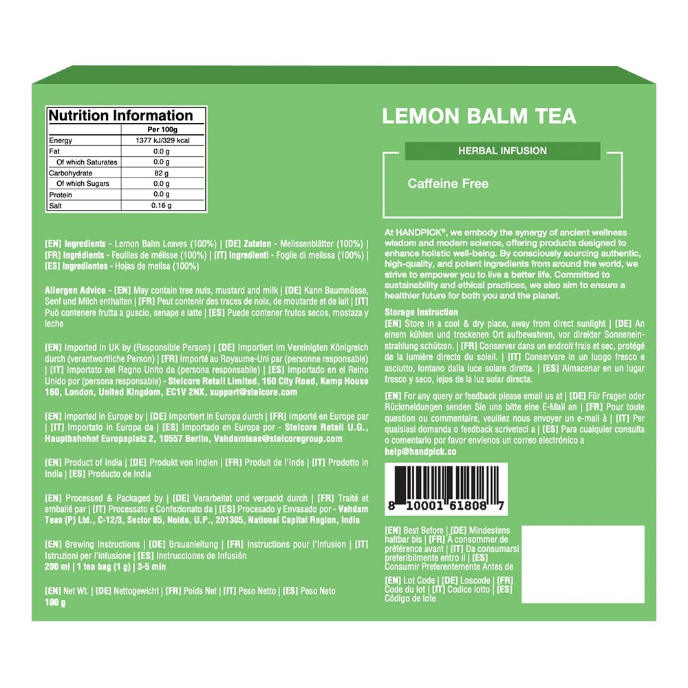 HANDPICK Lemon Balm Tea Bags being steeped for a citrus-aroma moment.