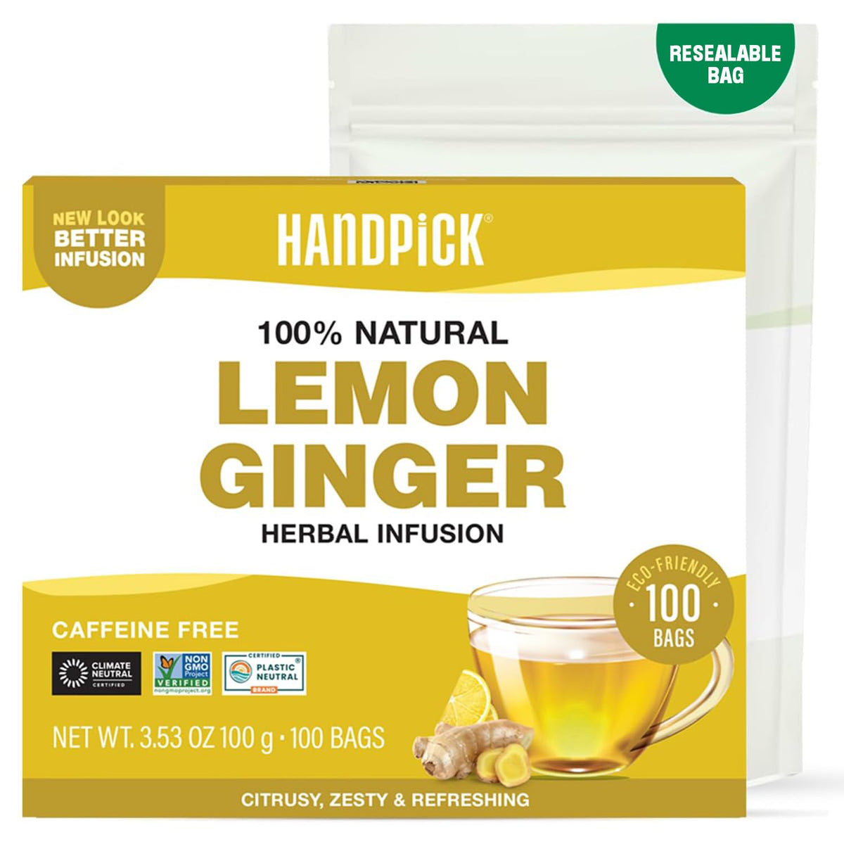 HANDPICK Lemon Ginger Tea bag closeup, fresh ingredients and vibrant aroma.