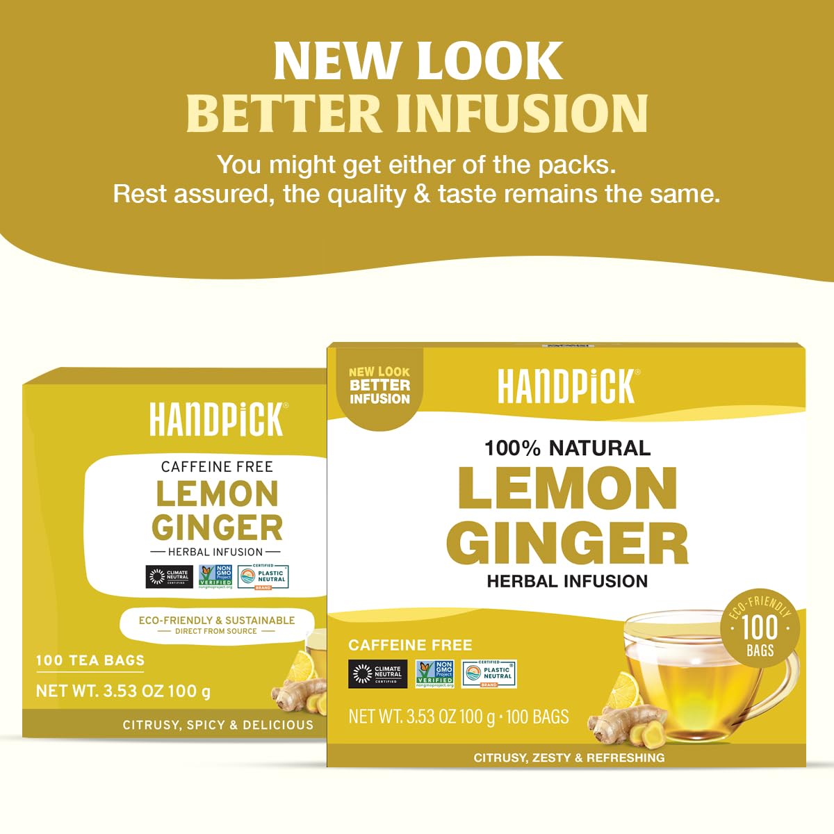 HANDPICK Lemon Ginger Tea cup steaming, inviting citrusy-spicy aroma.
