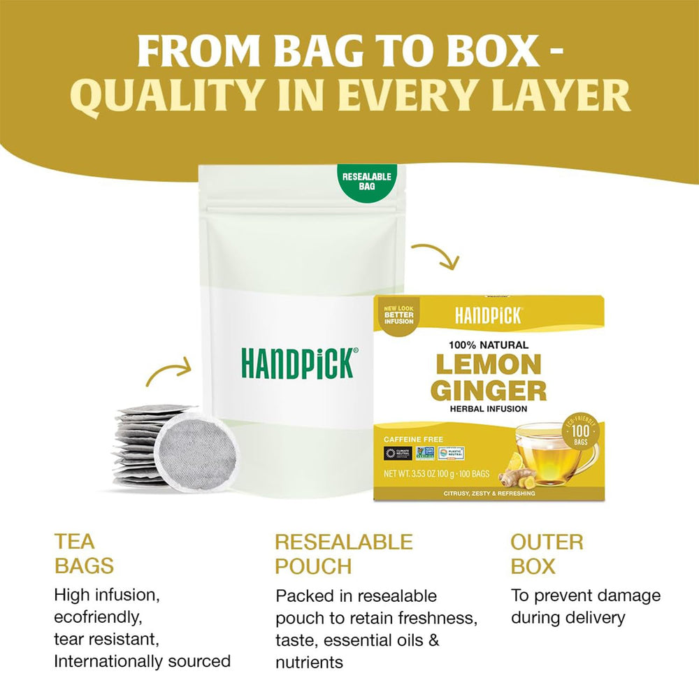 HANDPICK Lemon Ginger Tea infusion steeping in hot water, ready to sip.