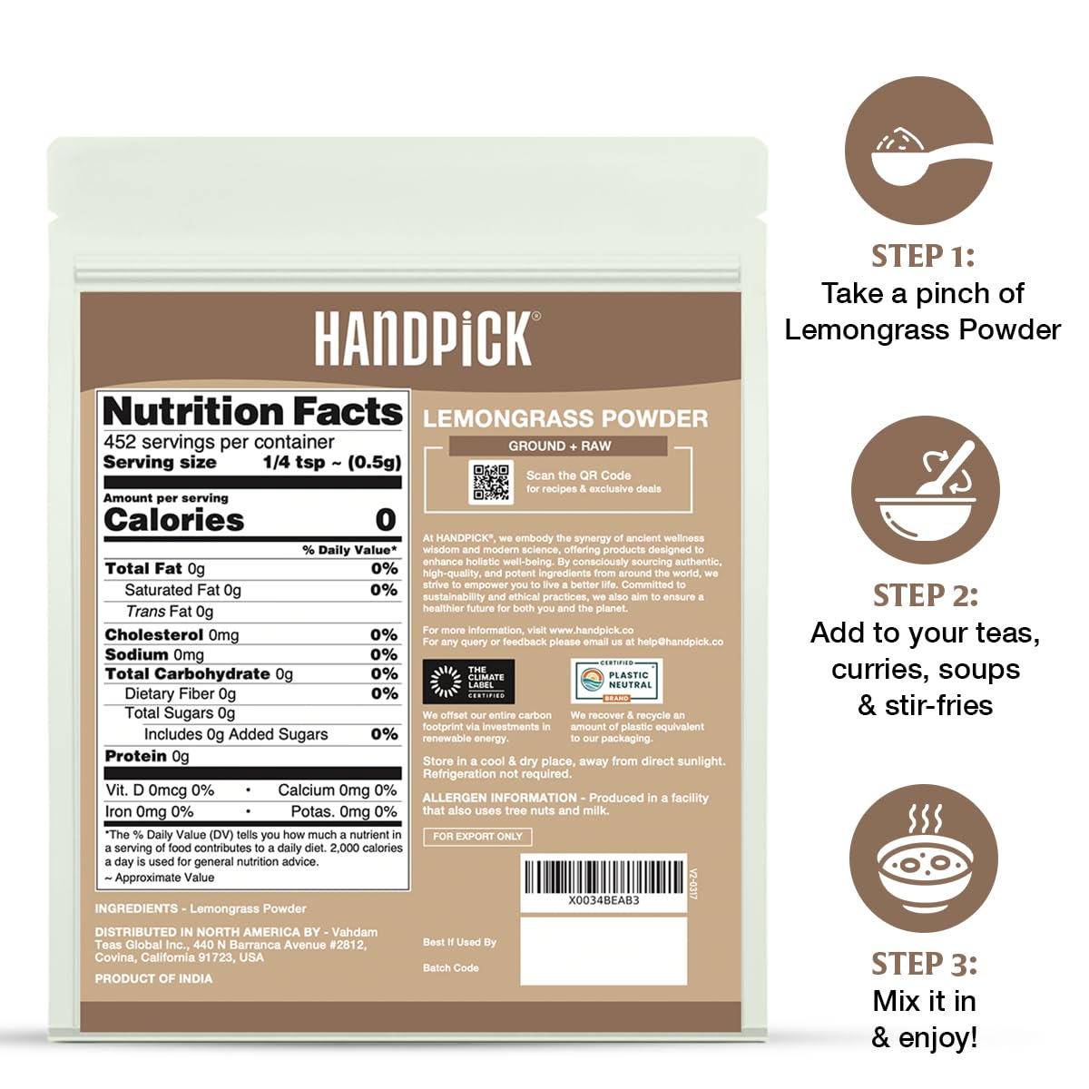 HANDPICK lemongrass powder in resealable pouch keeps flavor fresh between uses.