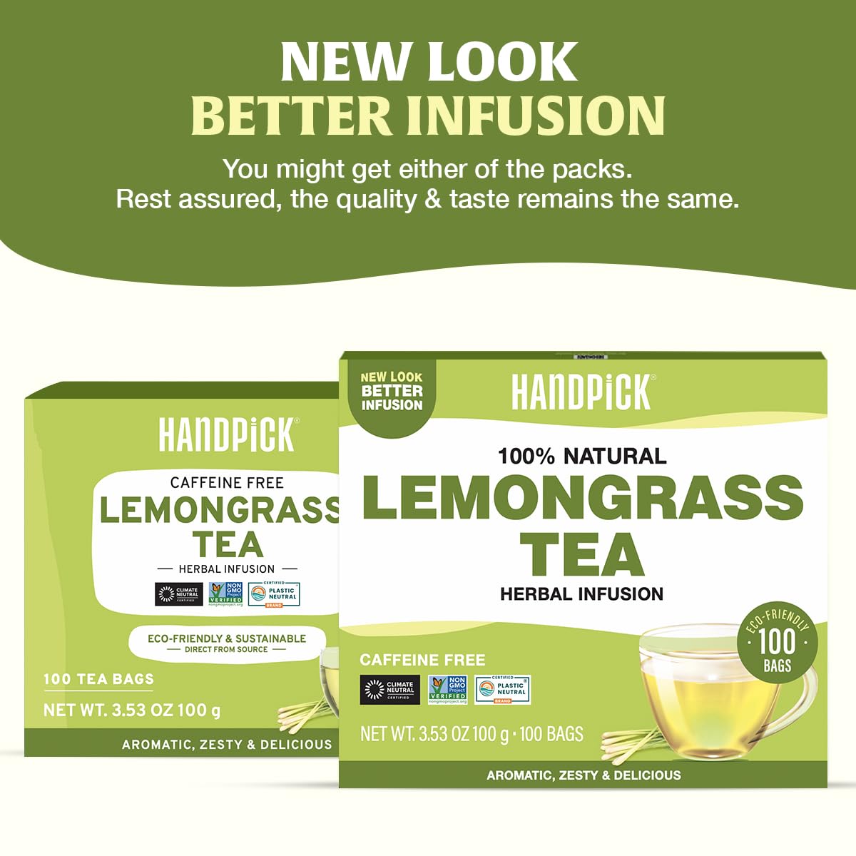 HANDPICK Lemongrass tea bags steam a fragrant cup.