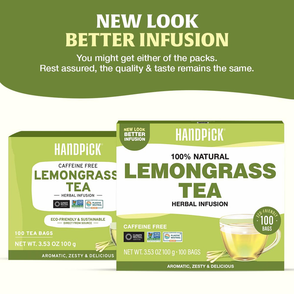 HANDPICK Lemongrass tea bags steam a fragrant cup.